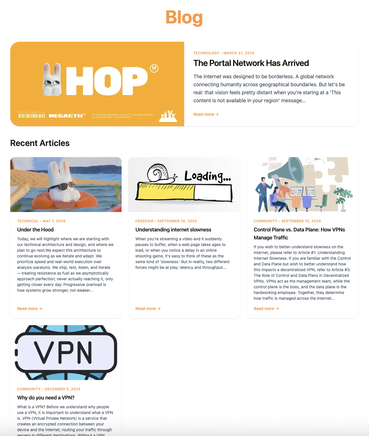 HOP blog index with technical and community posts