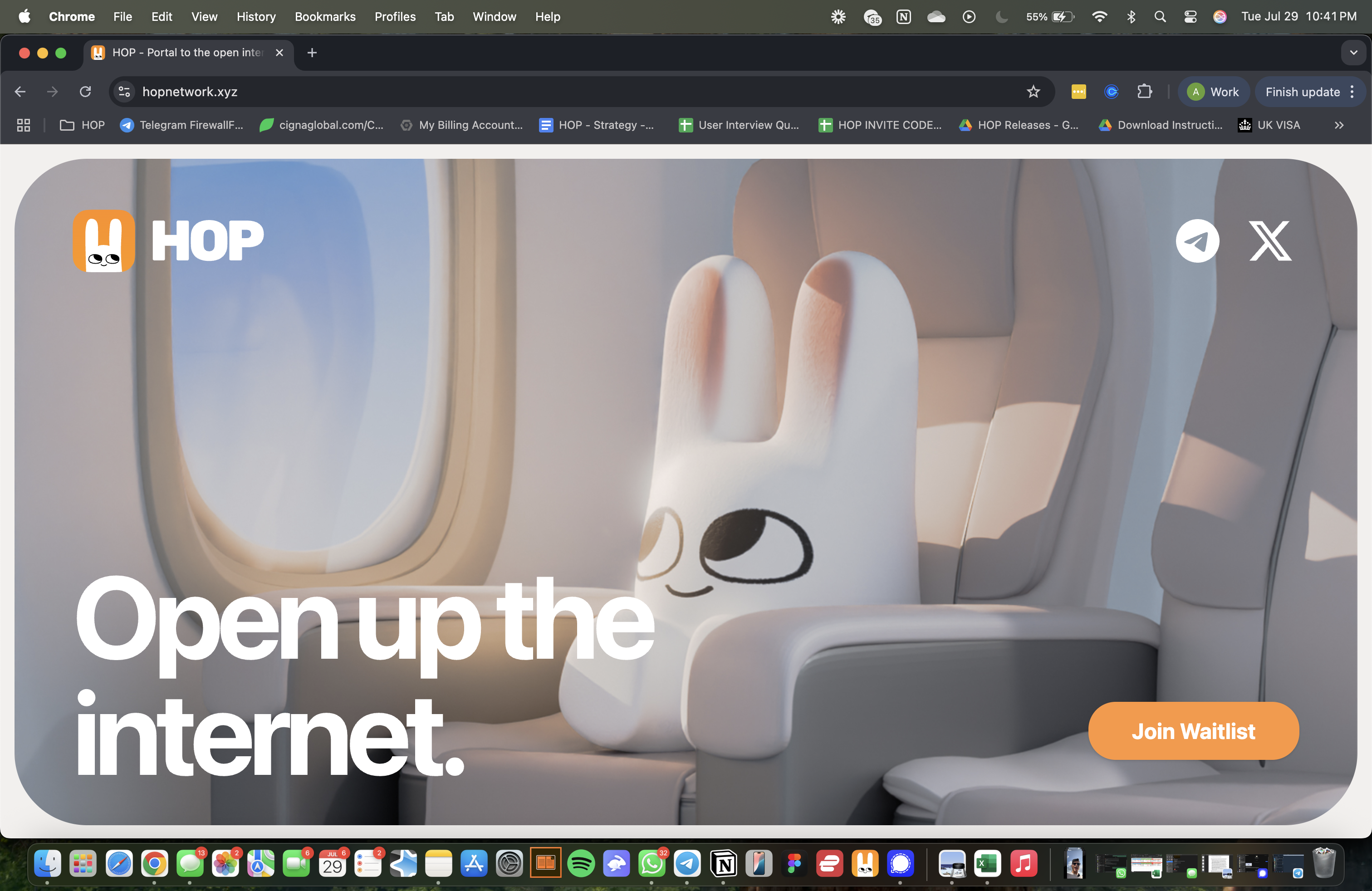 HOP landing hero with bunny mascot and join waitlist call-to-action